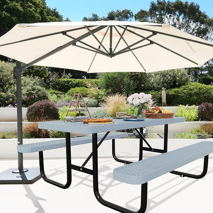 72'' Rectangular Steel Picnic Table for Outdoors,Commercial Metal Picnic Table Bench Set with Umbrella Hole,School Canteen Table W/Seats - Heavy Duty Sturdy Picnic Tables Furniture for Patio Garden