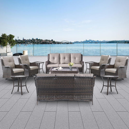Wicker Patio Furniture Sets - 13 Piece Outdoor Rattan Furniture Conversation Sets with 4 Swivel Rocker Chairs, 2 Rattan Sofas, Wicker Ottomans and Coffee Table, Brown/Grey