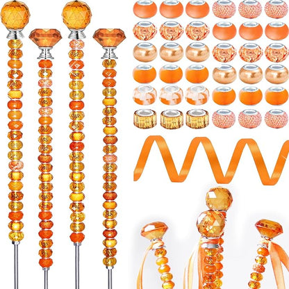 119 Pcs Garden Stake DIY Fairy Wand Plant Stake with Orange Large Hole Beads Crystal Diamond Stopper Top 4 Stainless Steel Threaded Rod Beaded Garden Stakes for Outdoor Indoor Yard Patio Decorations