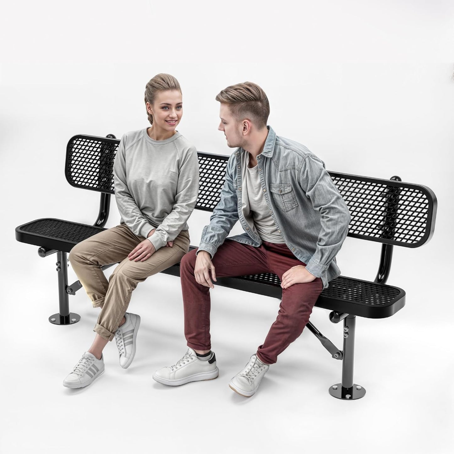 Heavy-Duty Outdoor Metal Bench, Thermoplastic-Coated, Surface, Weatherproof, Commercial-Grade for Parks, Gardens, Patios, Stores & More (6 Ft - Surface with Back, Black)