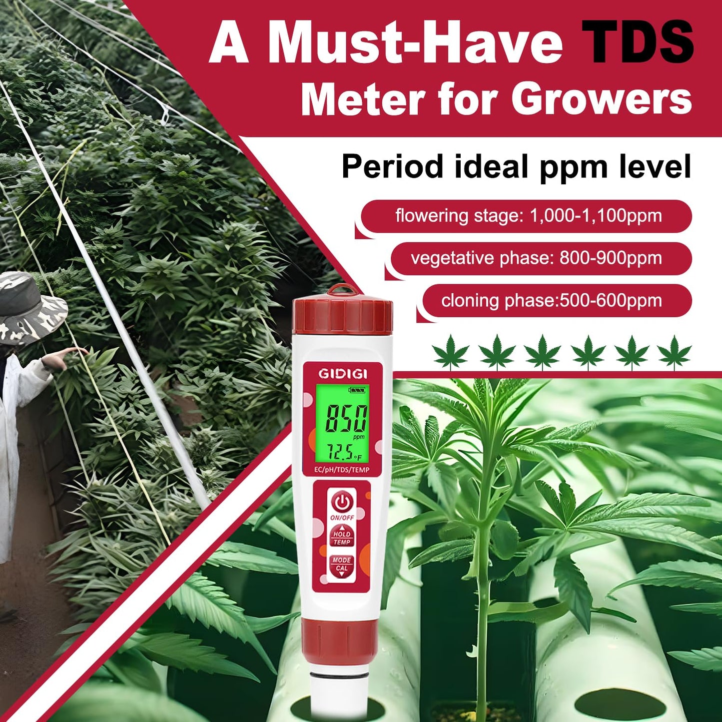 pH Tester,Digital pH Meter for Water,TDS Meter for Drinking Water with pH Calibration Solution 4 in 1 TDS pH EC Meter for Nutrients Water,Aquarium,Drinking Water,Tap Water,Irrigation Water