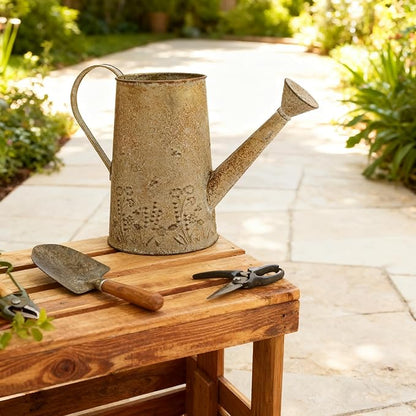 Vintage Distressed Gold Flower & Garden Watering Can, Decorative Metal Watering Pot Planter for Home Patio Backyard Outdoor Plant Care, Rustic Farmhouse Home Decor Accent