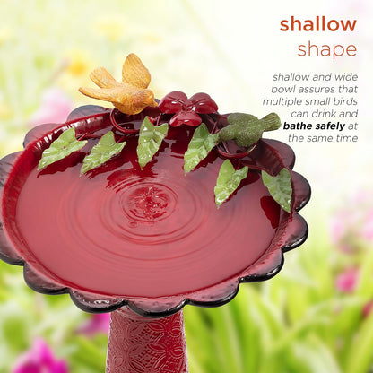 Alpine Corporation - 28" Tall Outdoor Metal Birdbath with Birds and Leaves Yard Statue Decoration, Red – Stunning Garden Accent to Attract Birds - Durable Construction for Patio, Deck, or Yard
