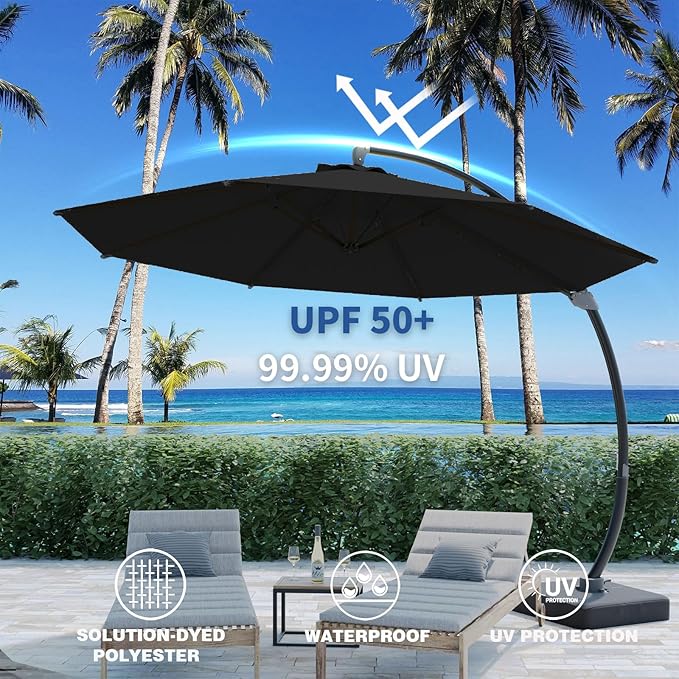 Outdoor Patio Umbrella with Sand Bag Included, 11 FT Deluxe Curvy Cantilever Umbrella Offset Hanging Umbrella with 360° Rotation for Market, Pool, Garden, Backyard, Deck