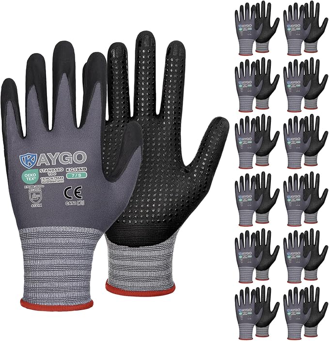 KAYGO MicroFoam Nitrile Coated Work Gloves, 12 Pairs KG19N Seamless Knit Nylon, Micro Dots for Enhanced Grip, Breathable and Durable, Ideal for Automotive, General Assembly, Painting, Gray, S