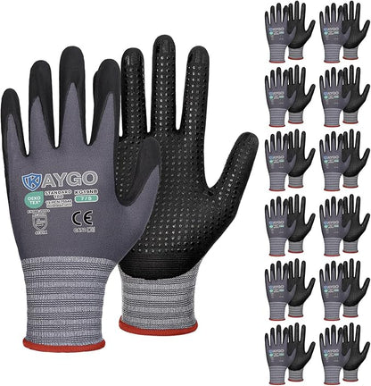 KAYGO MicroFoam Nitrile Coated Work Gloves, 12 Pairs KG19N Seamless Knit Nylon, Micro Dots for Enhanced Grip, Breathable and Durable, Ideal for Automotive, General Assembly, Painting, Gray, S