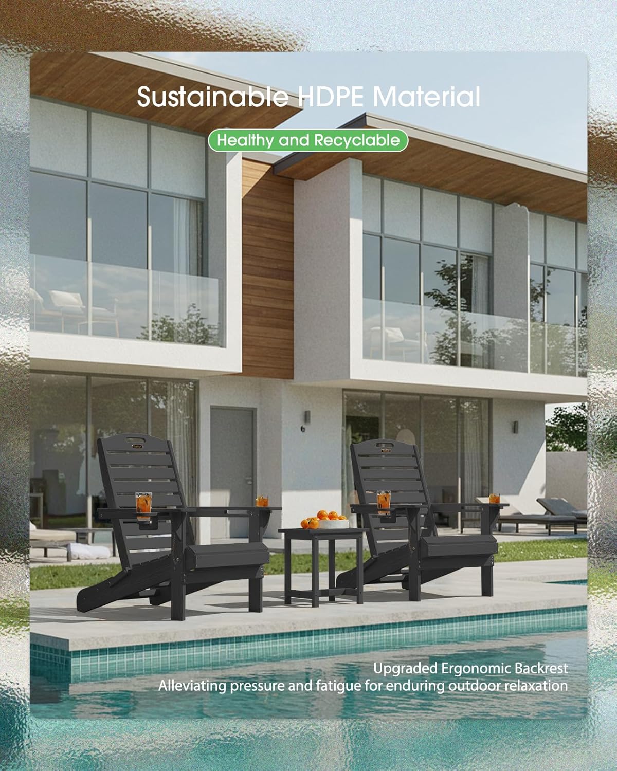 Adirondack Chairs Set of 4, Outdoor Fire Pit Chairs, HDPE All-Weather Adirondack Chairs with Cup Holder, Lawn Chair for Deck, Patio, Garden (Black)