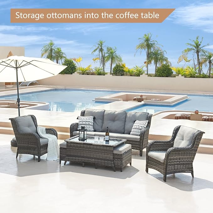 Outdoor Patio Wicker Furniture Set - 6 Piece Rattan Patio Conversation Sectional Sofa Set with 1 Couch,2 Armchairs,2 Ottomans and 1 Glass Top Coffee Table for Porch Deck Garden(Mixed Grey/Grey)