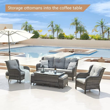 Outdoor Patio Wicker Furniture Set - 6 Piece Rattan Patio Conversation Sectional Sofa Set with 1 Couch,2 Armchairs,2 Ottomans and 1 Glass Top Coffee Table for Porch Deck Garden(Mixed Grey/Grey)