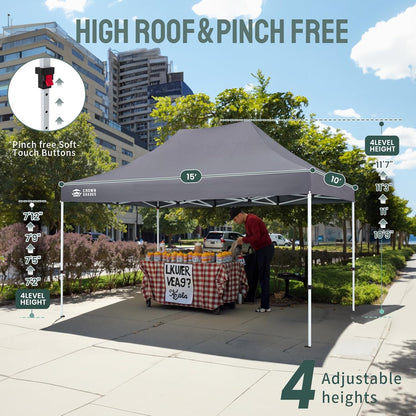 CROWN SHADES 10x15 Pop Up Canopy Tent, Thicken Frame Commercial Heavy Duty Tent, 8 Stakes & 4 Sandbags & 4 Ropes, Outdoor Canopies for Events, Parties,Grey