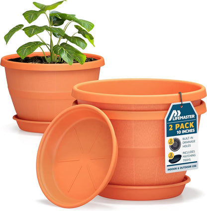 10-Inch Whiskey Barrel Planters Outdoor Pack of 2 - Durable Plastic Plant Pots for Indoor & Outdoor Use with Drainage & Saucer, Lightweight Rustic Barrel Planters for Flowers, Herbs & Small Plants