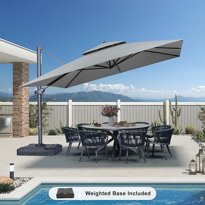 PURPLE LEAF 12 FT Cantilever Patio Umbrella Outdoor Umbrella with 330lbs Base Large Square Windproof Offset Umbrella for Pool Deck Garden, Pebble Grey
