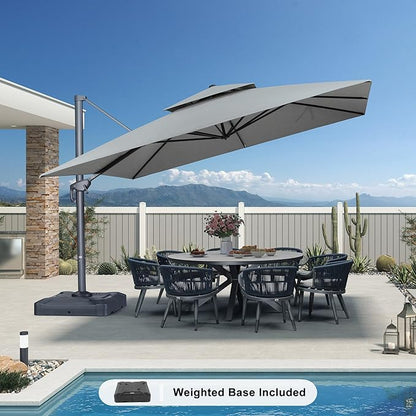 PURPLE LEAF 12 FT Cantilever Patio Umbrella Outdoor Umbrella with 330lbs Base Large Square Windproof Offset Umbrella for Pool Deck Garden, Pebble Grey