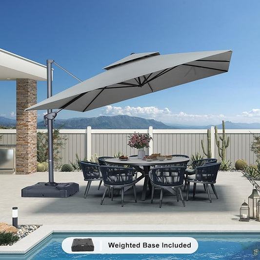 PURPLE LEAF 12 FT Cantilever Patio Umbrella Outdoor Umbrella with 330lbs Base Large Square Windproof Offset Umbrella for Pool Deck Garden, Pebble Grey