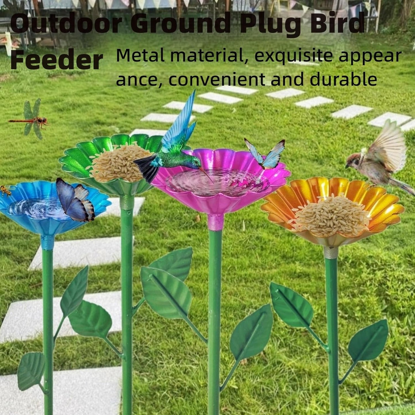 4-Pack Bee Watering Station | Flower-Design Metal Cups | Colorful Garden Decor (Red, Green, Blue, Yellow) | Easy Install | Durable | Bee/Butterfly Feeder & Bath