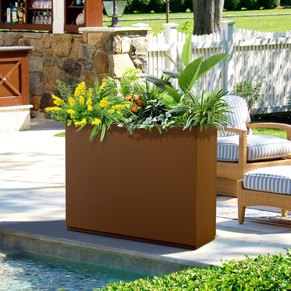 FENCY Metal Rectangular Planter Box for Outdoor - Large Planters with Drainage Holes (35.4" L x 9" W x 25.6" H, Brown)