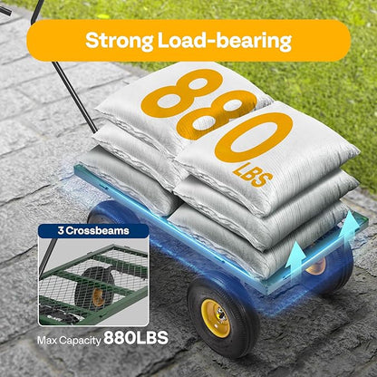 VIVOHOME Heavy Duty 880 Lbs Capacity Mesh Steel Garden Cart Folding Utility Wagon with Removable Sides and 4.10/3.50-4" Wheels 10 Inch Tire(Green)