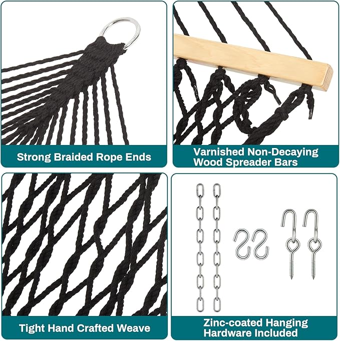 JoyView Traditional Rope Double Hammock - Hand Woven Cotton Hammock with Hardwood Spreader Bar and Pillow 450lb Capacity for Outdoor Indoor Patio Yard - Black