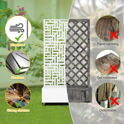 FENCY Metal Raised Garden Bed with Wheels and Trellis,73"x35"x16" Planter Box for Climbing Plants, Vegetables & Vines, Features Privacy Screen and Drainage Holes (White-Geometric Lattice)