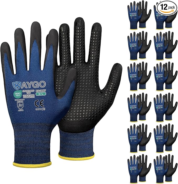 KAYGO MicroFoam Nitrile Coated Work Gloves, 12 Pairs KG19N Seamless Knit Nylon, Micro Dots for Enhanced Grip, Breathable and Durable, Ideal for Automotive, General Assembly, Painting, Blue, L