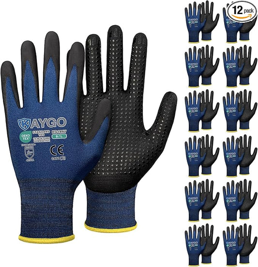 KAYGO MicroFoam Nitrile Coated Work Gloves, 12 Pairs KG19N Seamless Knit Nylon, Micro Dots for Enhanced Grip, Breathable and Durable, Ideal for Automotive, General Assembly, Painting, Blue, L