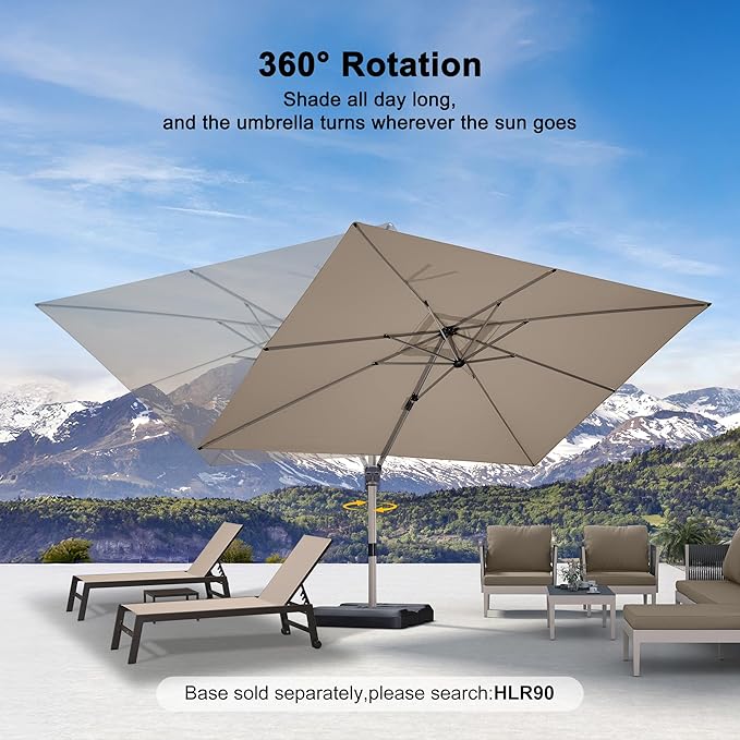 PURPLE LEAF 9' X 11.5' Patio Umbrella, Rectangle Outdoor Cantilever Umbrella, Aluminum Offset Umbrella with Champagne Frame and 360° Rotation for Pool Deck Garden, Taupe