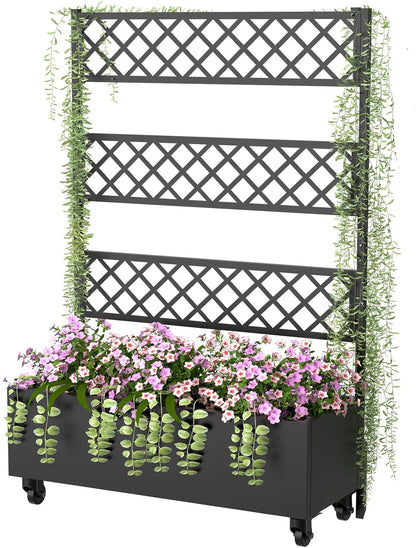 Metal Planter Box with Trellis Privacy Screen, 67"x41"x16" Raised Garden Bed with Trellis, Privacy Planter Boxes, with Planting Bag & Lockable Casters for Climbing Plants,Vegetables,and Vines