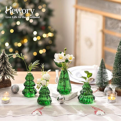 Glass Christmas Tree Propagation Stations: Hewory 4 PCS Propagation Vases for Plant Hydroponic Cutting Flowers - Green Christmas Tree Shaped Planter Pot for Home Holiday Decor Gifts