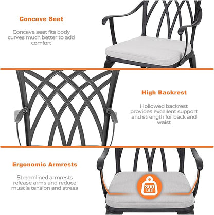 NUU GARDEN Bistro Set 3 Piece Outdoor All Weather Cast Aluminum Patio Bistro Set Patio Table and Chairs Set of 2 with Umbrella Hole and Grey Cushions for Backyard, Balcony, Lawn, Black