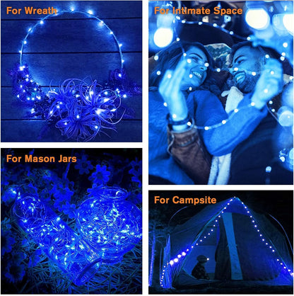 QITONG Blue Solar Fairy Lights Outdoor Waterproof, 2 Pack Each 66ft 200 LED Solar String Lights, 8 Modes Silver Wire Christmas Twinkle Mini Lights