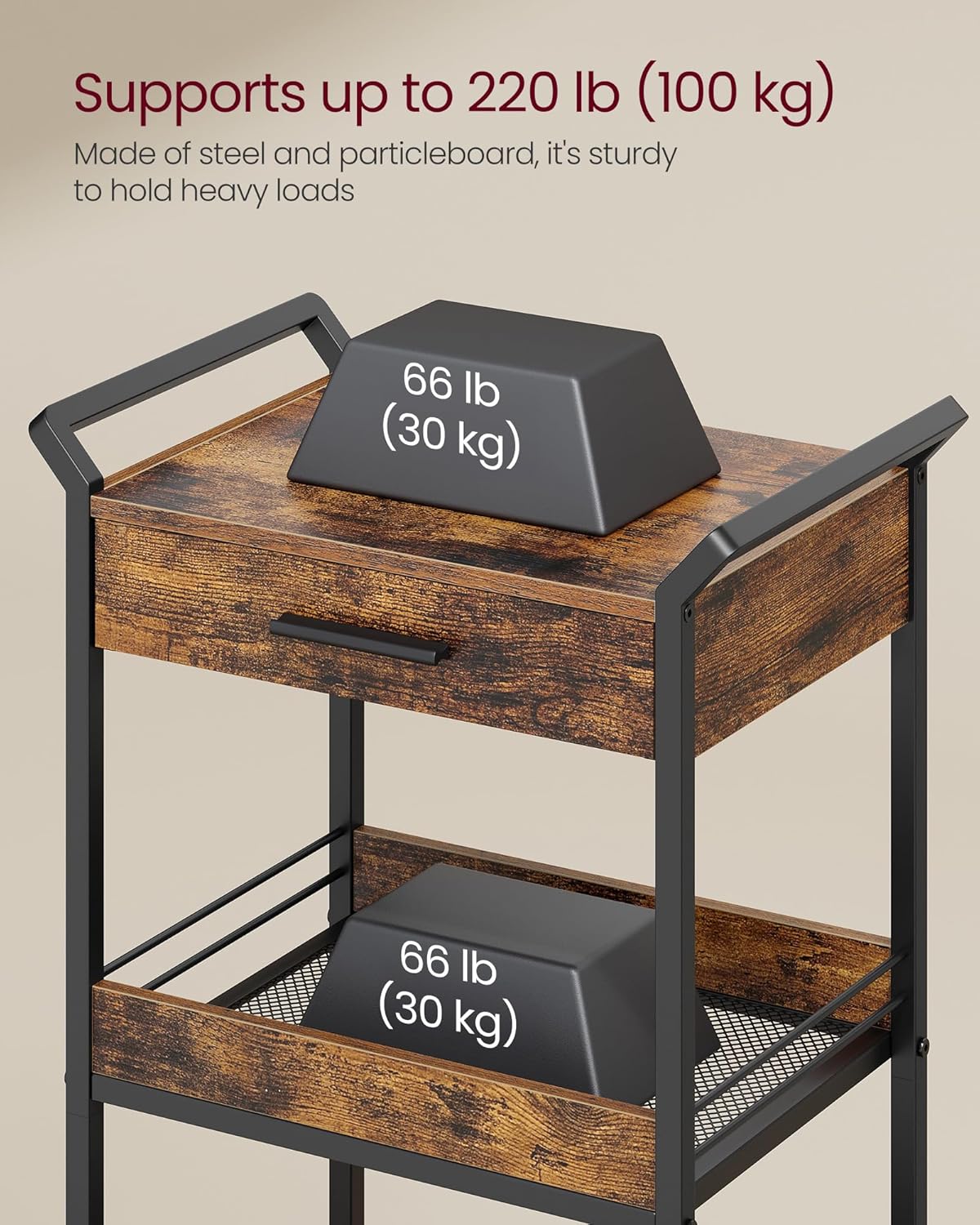 VASAGLE Storage Cart, 3-Tier Rolling Utility Cart with Table Top, Handles, 4 Lockable Casters, Top Drawer, Mesh Shelves, for Kitchen, Bathroom, Bedroom, Rustic Brown and Ink Black ULRC048K01