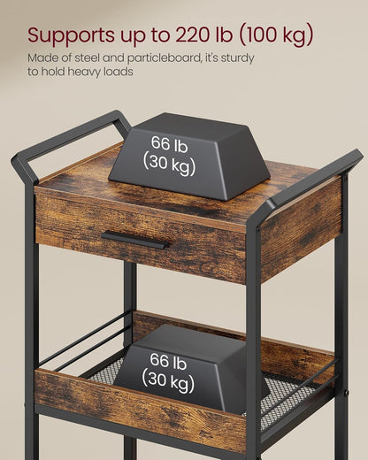 VASAGLE Storage Cart, 3-Tier Rolling Utility Cart with Table Top, Handles, 4 Lockable Casters, Top Drawer, Mesh Shelves, for Kitchen, Bathroom, Bedroom, Rustic Brown and Ink Black ULRC048K01