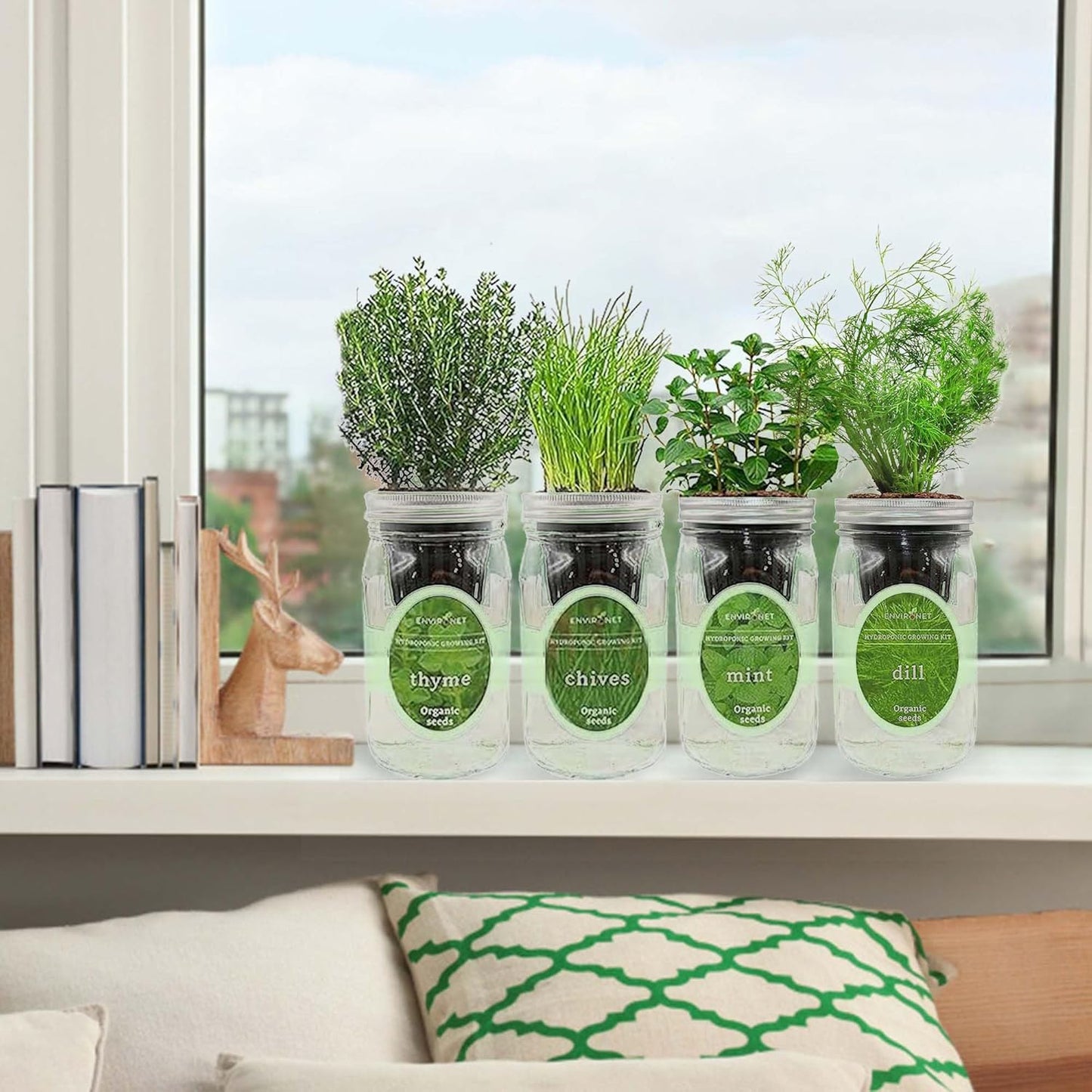 Hydroponic Herb Growing Kit Set, Self-Watering Mason Jar Herb Garden Starter Kit Indoor, Grow 4 Kinds of Herbs from Seeds (Mint,Thyme,Chives&Dill)