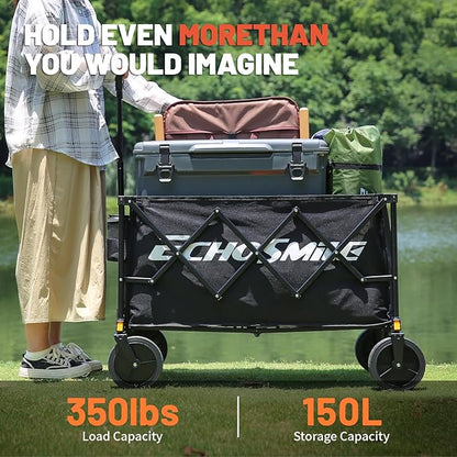 EchoSmile Collapsible Foldable Wagon Cart with 350lbs Weight Capacity, Heavy Duty Folding Utility Sport Wagon with Removeble Wheels for Camping,Grocery,Garden,Beach,Black