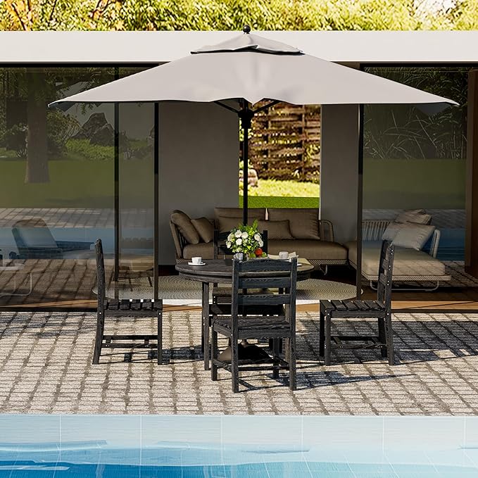 Pamapic 5 PCS Round Outdoor Dining Set, Wood Grain HDPE Outdoor Table and Chairs with 105° Ergonomic Backrest, Durable Patio Dining Table with Umbrella Hole, Black