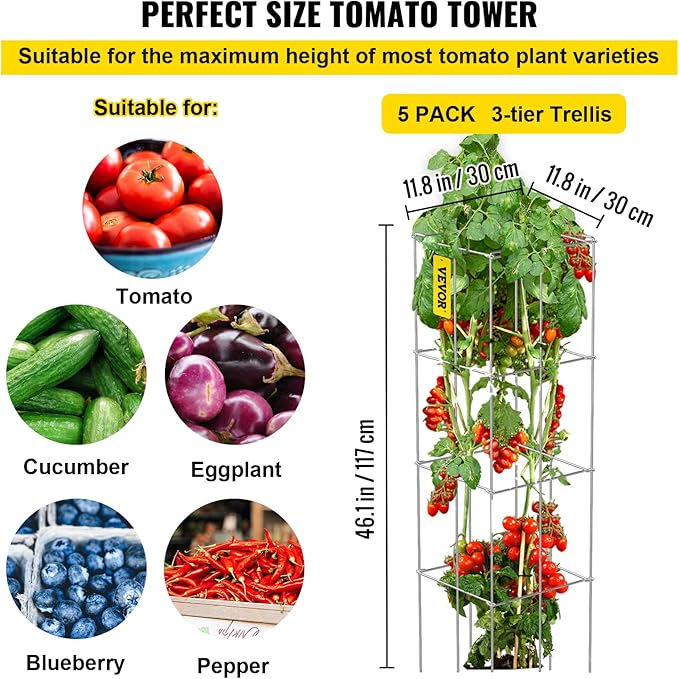 VEVOR Tomato Cages, 11.8" x 11.8" x 46.1", 5 Packs Square Plant Support Cages, Silver PVC-Coated Steel Tomato Towers for Climbing Vegetables, Plants, Flowers, Fruits