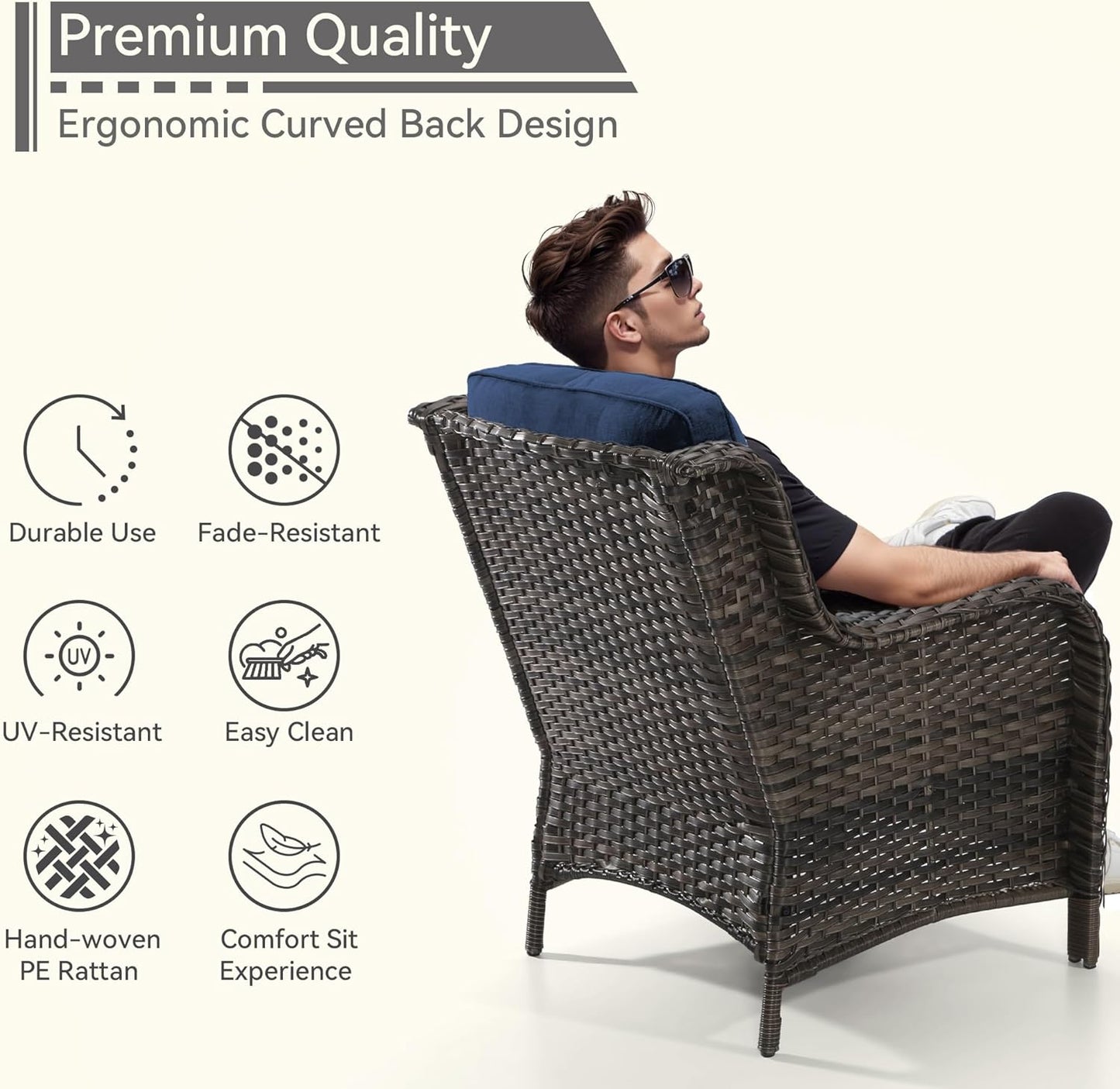 3 Pieces Outdoor Patio Chairs Set - Wicker Patio Conversation Sets with 1 Side Table, Olefin Fabric Cushions Suitable for Backyard Deck and Porch,Blue