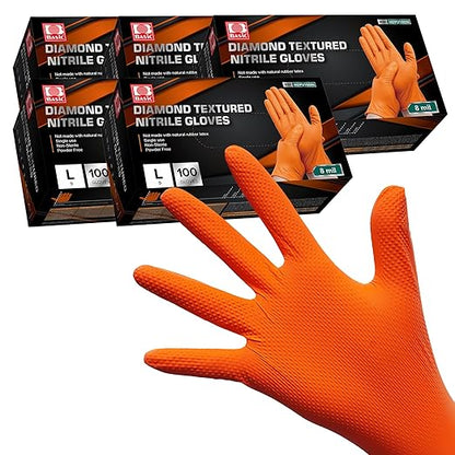 Jointown Basic Heavy Duty Nitrile Gloves, Mechanic Gloves 8 Mil Nitrile Disposable, with Raised Diamond Texture, Case of 500, Orange, Large