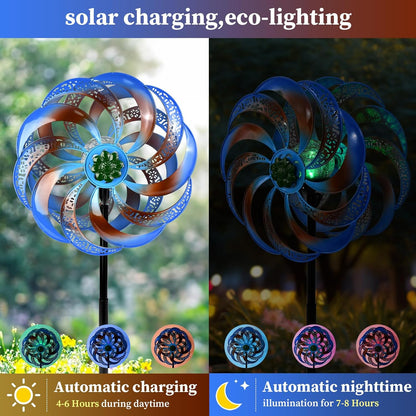 Wind Spinners Outdoor Clearance for Yard and Garden Metal Wind Spinners Outdoor 75 in Kinetic Art with Solar Powered Multi-Color Glass Ball Light for Backyard Lawn Decorations