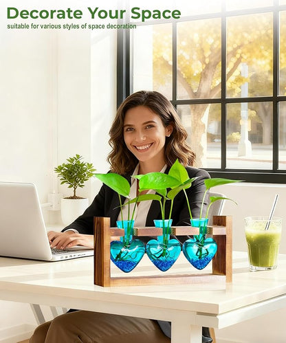Nacome Plant Terrarium Propagation Stations: Birthday Gifts for Plant Lovers Women Mom Wife - Wooden Stand Tabletop Planter 3 Bulb Glass Vase Heart Shaped for Hydroponics Indoor Home