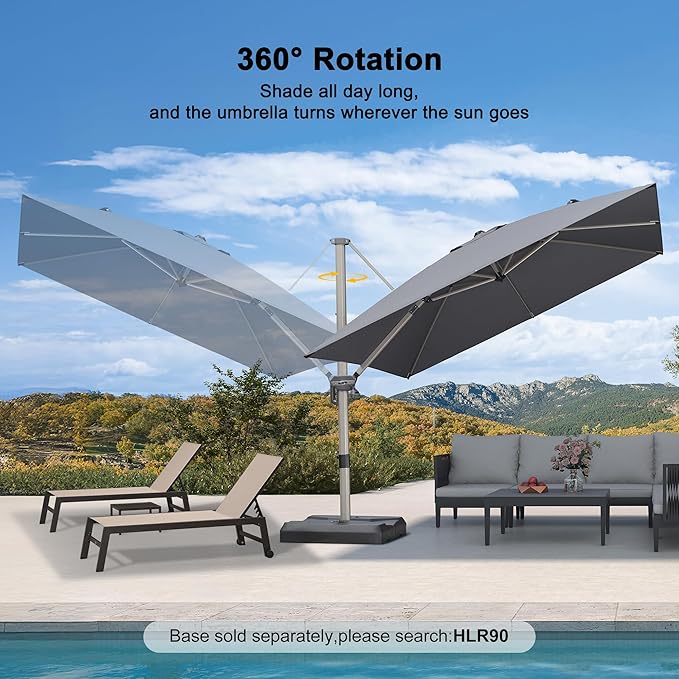 PURPLE LEAF 10' X 10' Patio Umbrella Outdoor Cantilever Umbrella, Aluminum Offset Umbrella with Champagne Frame and 360° Rotation for Pool Deck Garden, Light Grey