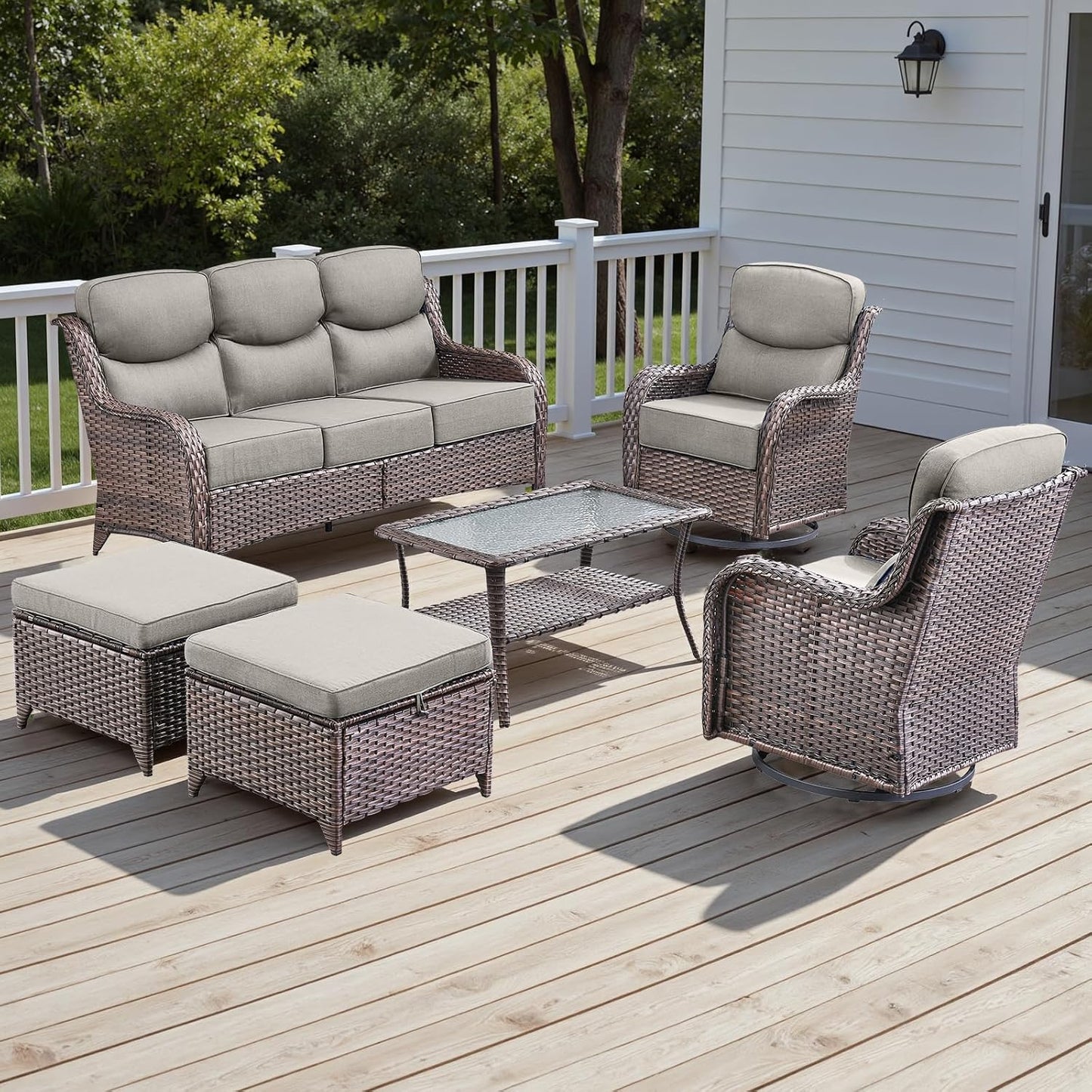 Wicker Outdoor Patio Furniture Set - 6 Piece Patio Conversation Sets with Swivel Rocker Chairs, Ottomans, Sofa and Table, 6 inch Cushions, Deep Seating, for Porch Deck Brown/Beige