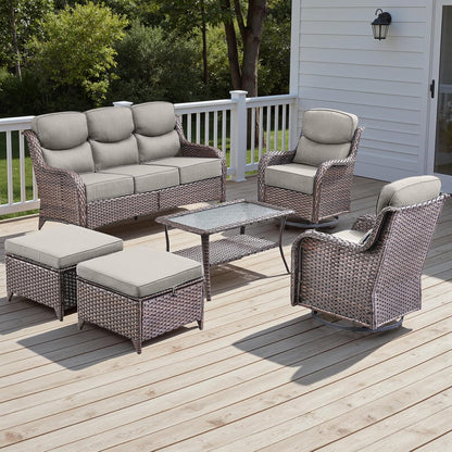 Wicker Outdoor Patio Furniture Set - 6 Piece Patio Conversation Sets with Swivel Rocker Chairs, Ottomans, Sofa and Table, 6 inch Cushions, Deep Seating, for Porch Deck Brown/Beige