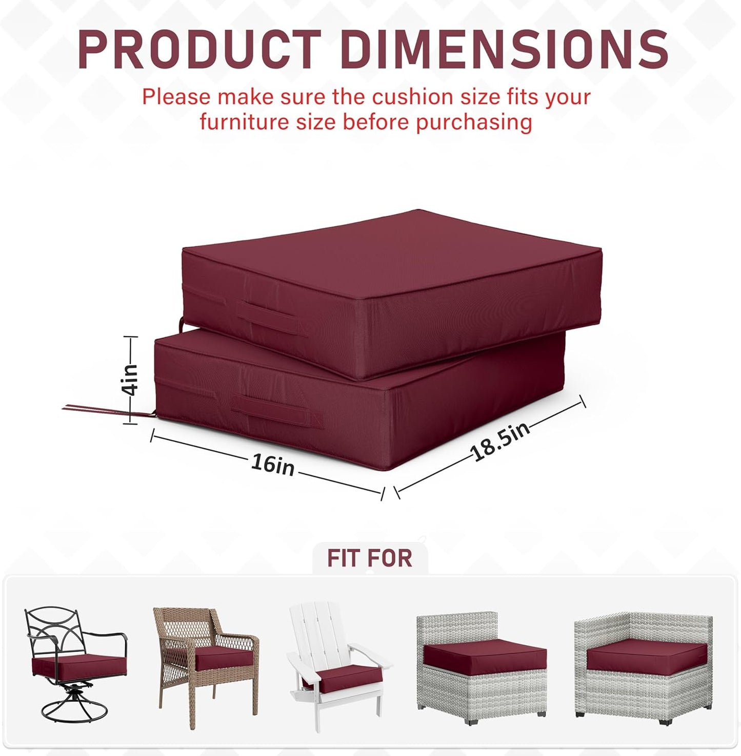 Patio Chair Cushions 18.5 X 16 X 4 Inch Waterproof Outdoor Seat Cushions for Patio Furniture, Outdoor Sofa Couch Pads with Ties & Handle, Set of 2, Burgundy