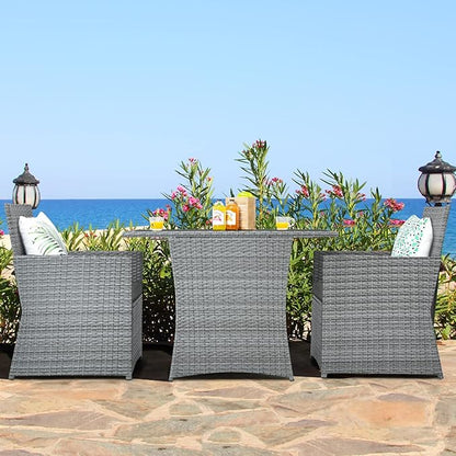 Tangkula 3 Pieces Patio Dining Set, Patiojoy Space-saving PE Rattan Bistro Set with Tempered Glass Top Table and Cushioned Chairs, Outdoor Conversation Set for Garden, Backyard, Poolside, Porch (Gray)