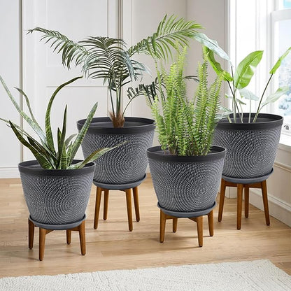 Quarut Large 12 Inch Plant Pot for Plants Outdoor Indoor, 4 Pack Plastic Flower Pots with Drainage Hole & Saucer, Modern Decorative Garden Pot with Saucer, Plant Container for House（Gray）