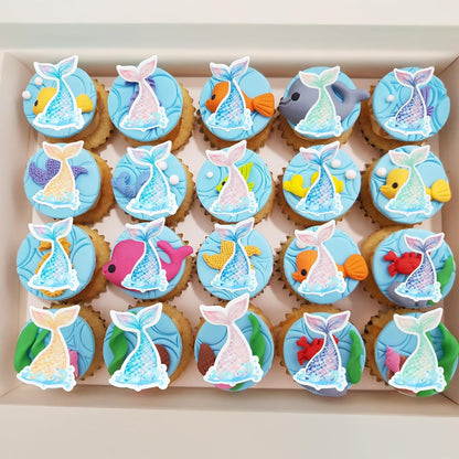 Ephlyn 54Pcs Edible Mermaid Tail Cupcake Toppers Wafer Paper Mini Under the Sea Mermaid Tail Cake Topper Decoration for Ocean theme Birthday Party Supplies Pink Blue Purple