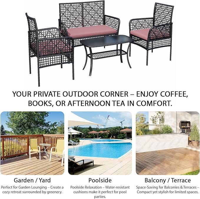 4-Piece Patio Furniture Set, Weather-Resistant Rattan Patio Conversation Set with Two-Tier Coffee Table, Upholstered Openwork Wicker Furniture for Porch, Garden, Lawn, Red