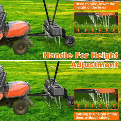 40" Tow Behind Lawn Dethatcher, Pull Behind Rake with 24 Rust-Proof Tines and Heavy Tires, Lawn Tractor Rake with Lift Handle, Black Tow Behind Rakes to Remove Thatch, Leaves from Large Lawn Area