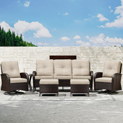 Joyside 6 Piece Patio Furniture Set, Outdoor Wicker Conversation Sets with Swivel Rocker Chairs and Sofa, Thick Cushion, Rattan Patio Sectional for Porch, Deck Use (Brown/Beige, 6 PCS)